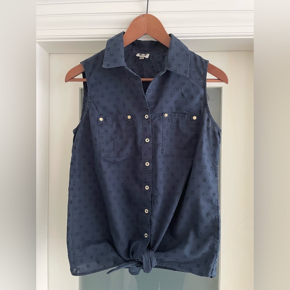 Navy sleeveless tie front top, small